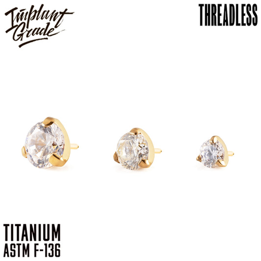 Threadless three prong set crystal top PVD Gold