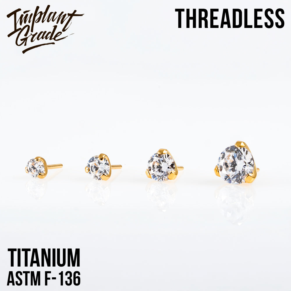 Threadless three prong set crystal top PVD Gold