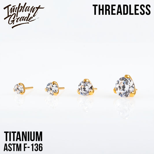 Threadless three prong set crystal top PVD Gold